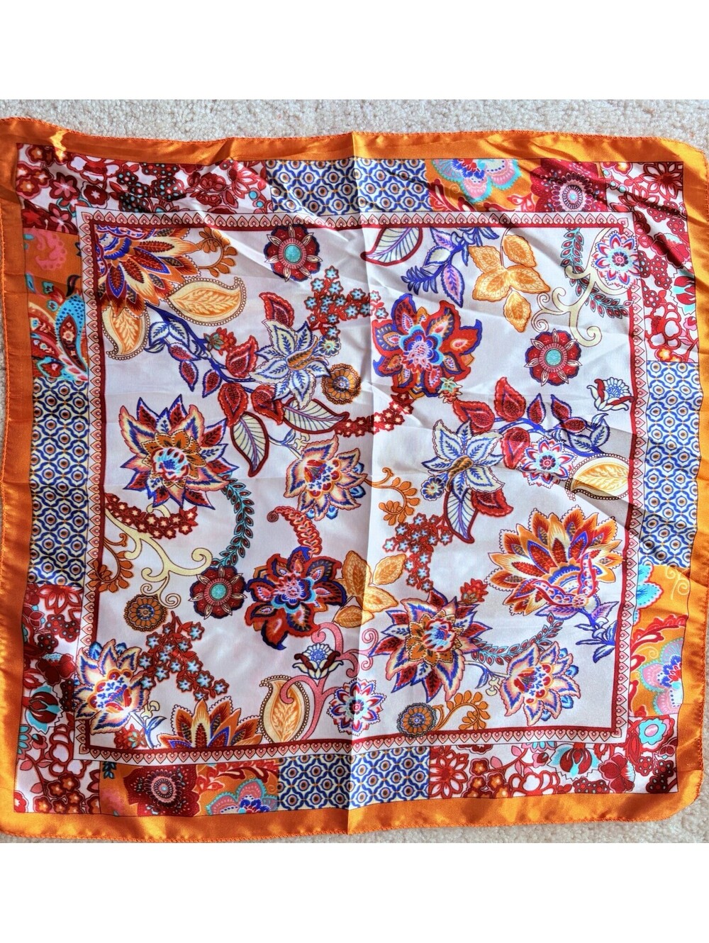 Women's Square Scarf Floral Flower Print Orange White Blue Red - Picture 4 of 5